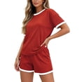 thumbnail image 4 of Womens Ribbed Knit Two-Piece Set Casual Short Sleeve T Shirt And Shorts Matching Outfit With Contrast, 4 of 7