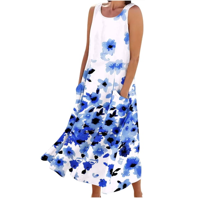 Birdeem Robes pour Femmes Robe Longue Sans Manches en Coton et Lin à Col Rond Imprimé