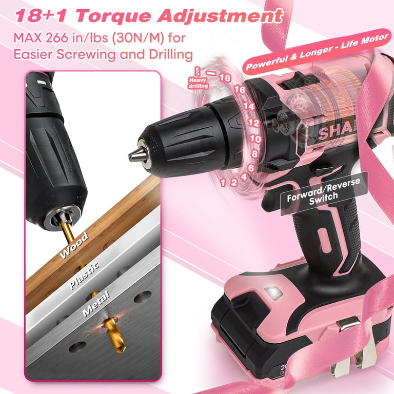 SHELL 20V Lightweight Cordless Drill Set, Pink Power Drill, Home
