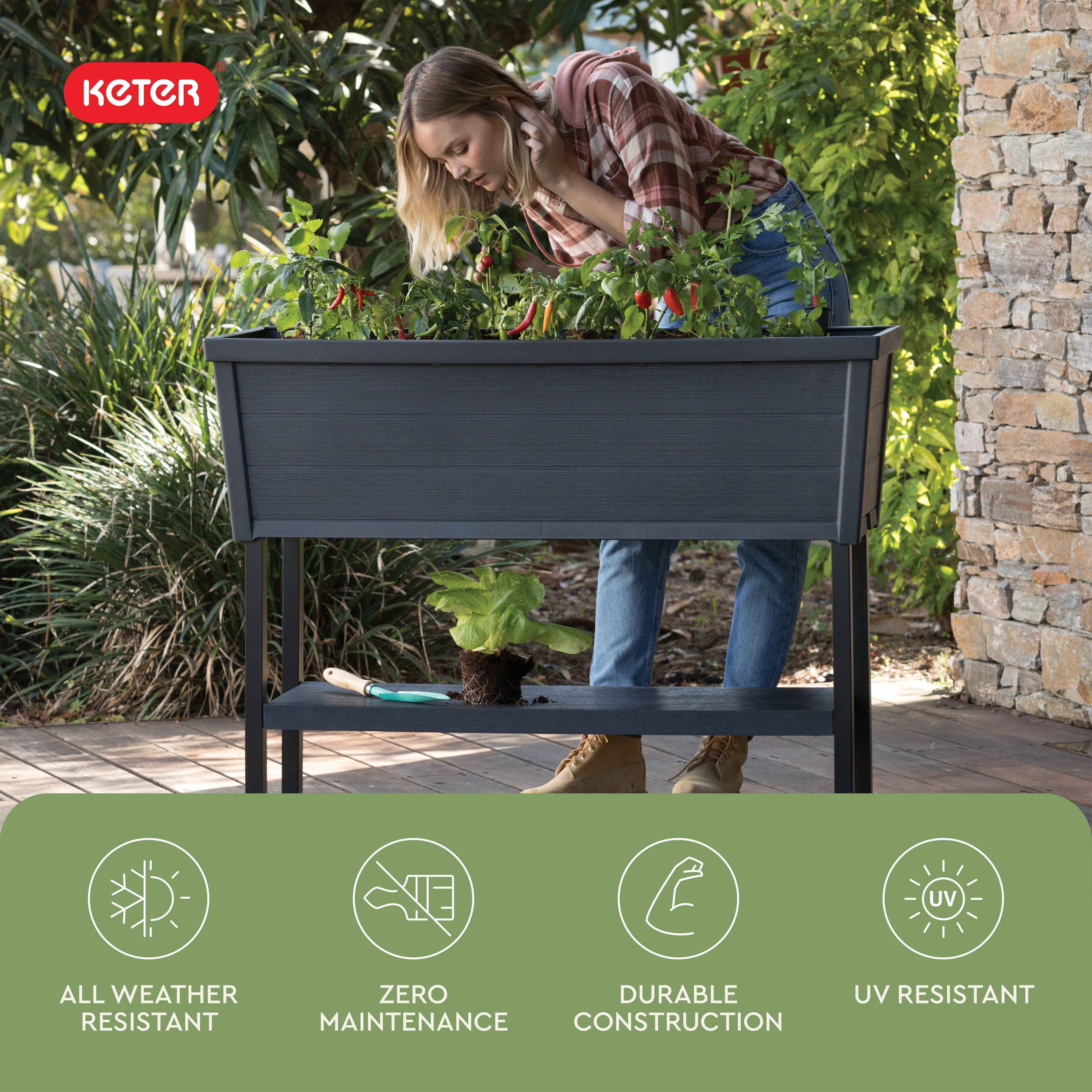 Keter Alfresco Garden Bed 44" x 18" x 33" Durable Wood-Look Raised Garden Bed with Self-Watering and Drainage System Kit, Gray