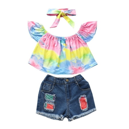 

Fesfesfes Summer Girl One-shoulder Top +hot Pants Denim Shorts + Headband Three-piece Suit