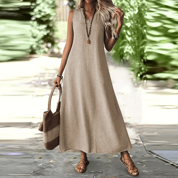 Tianiyouqing Linen Maxi Midi Dress for Vintage Women Flowy Zipper Back Casual Hiking Tank Dresses Sleeveless V Neck Summer Cocktail A Line Dresses Khaki S