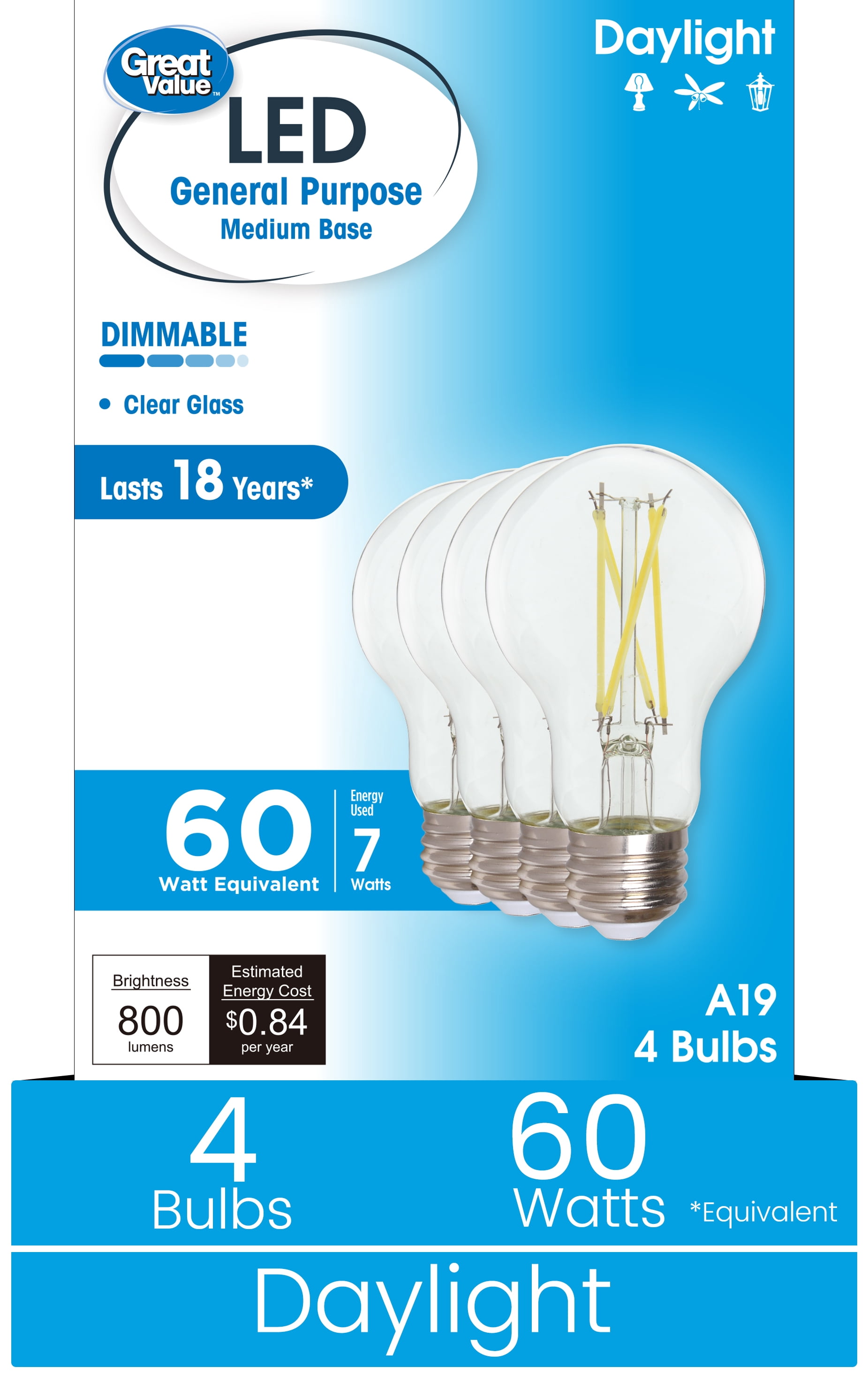 (4 pack) Great Value 18YR A19 LED Light Bulb, 7W (60W Equivalent) Dimmable Daylight E26 Medium Base (4 Pack)