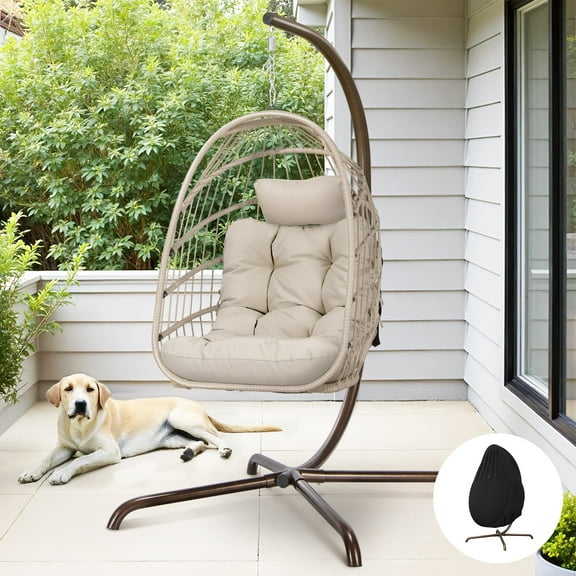 RADIATA Foldable Wicker Hanging Egg Chair With Stand and Cover, Beige 350 lbs Maximum Weight