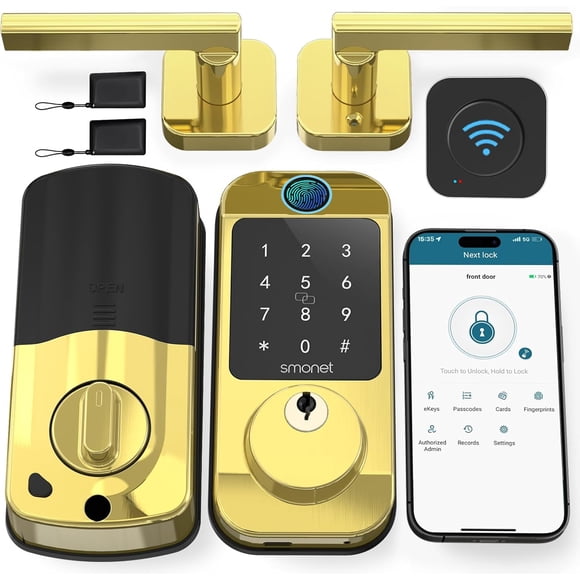 SMONET WiFi Keyless Door Lock with Handle Set – Fingerprint Smart Lock, Bluetooth Keypad Deadbolt, Remote Control via App & Alexa, Auto Lock, Code & Fob for Home Security