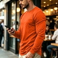 thumbnail image 3 of Domuza Mens Long Sleeve Shirt with Pocket Crew Neck Shirts Casual Solid Lightweight Basic T-Shirt Saffron L, 3 of 6