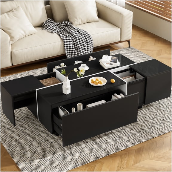 JERFIT Expandable Coffee Table with Storage, 47.2 to 72.7 Inch Modern High Gloss Black MDF Coffee Table for Living Room with 2 Drawers and 2 Hidden Compartments
