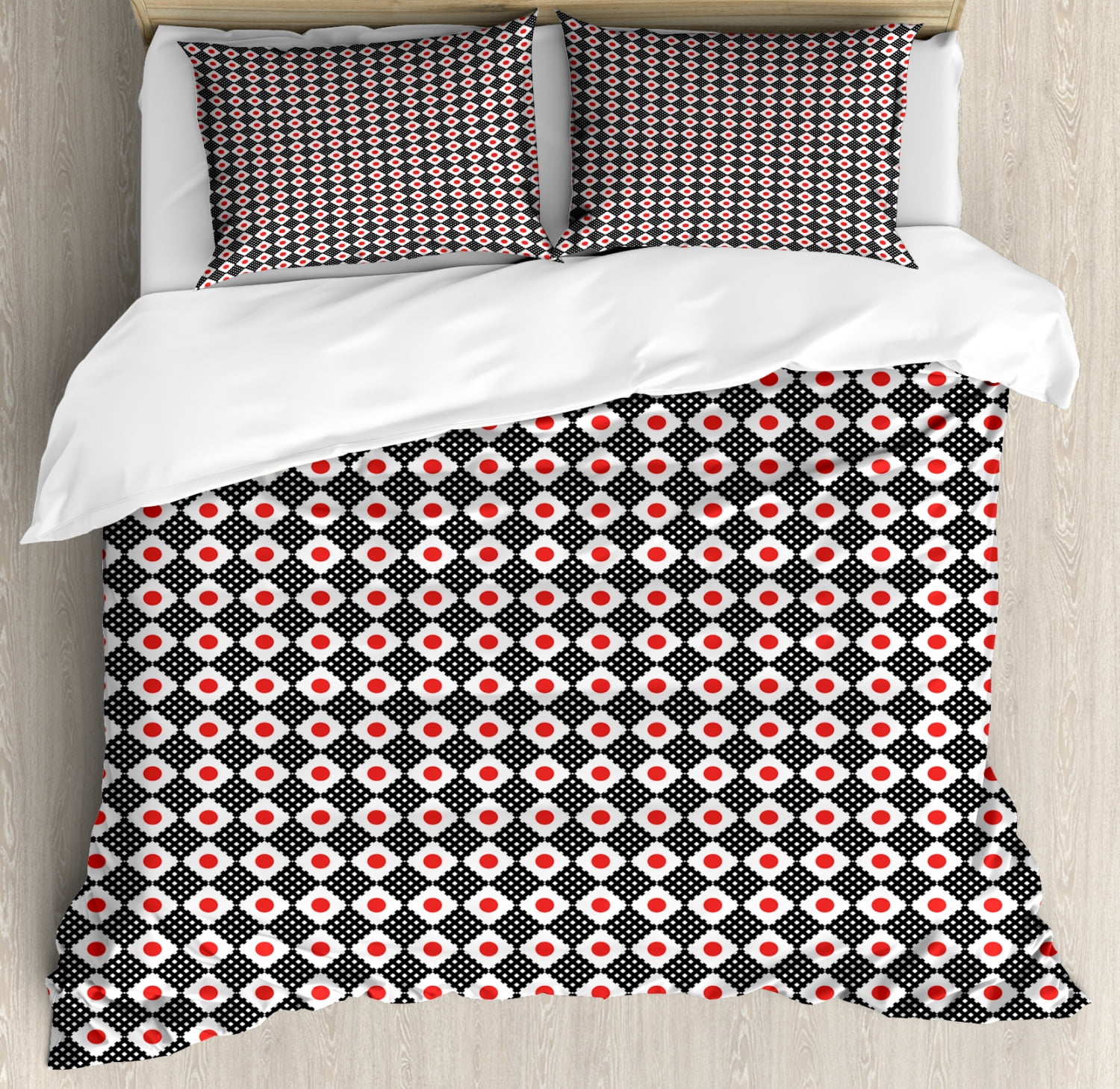 Japanese Duvet Cover Set, Asian Flag Motif with Checkered Grid Style