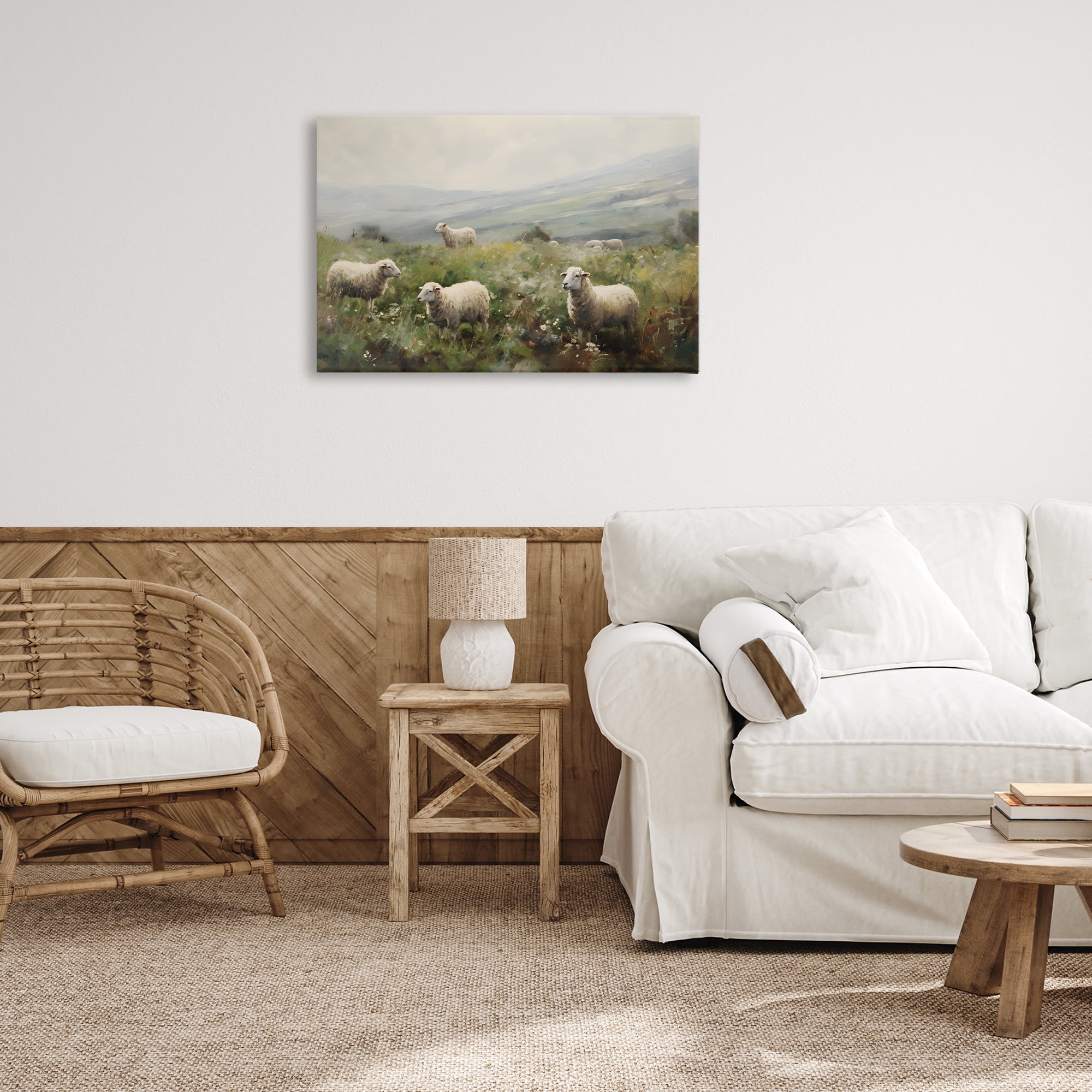 Stupell Industries Misty Sheep Pasture Landscape & Nature Painting Wrapped Canvas Art Print Wall Art, 30 x 20
