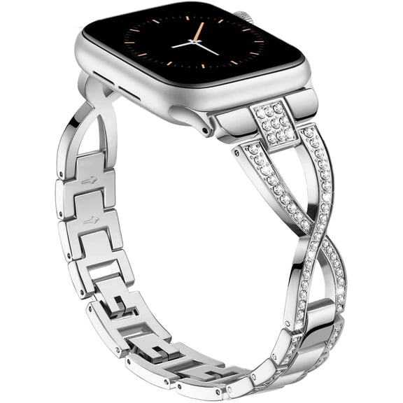 BANDOVA Dressy Apple Watch Band for Women, Cute X-Link Metal Bracelet with Sparkly Rhinestones Compatible with Apple Watch 38/40/41/42mm, Sliver