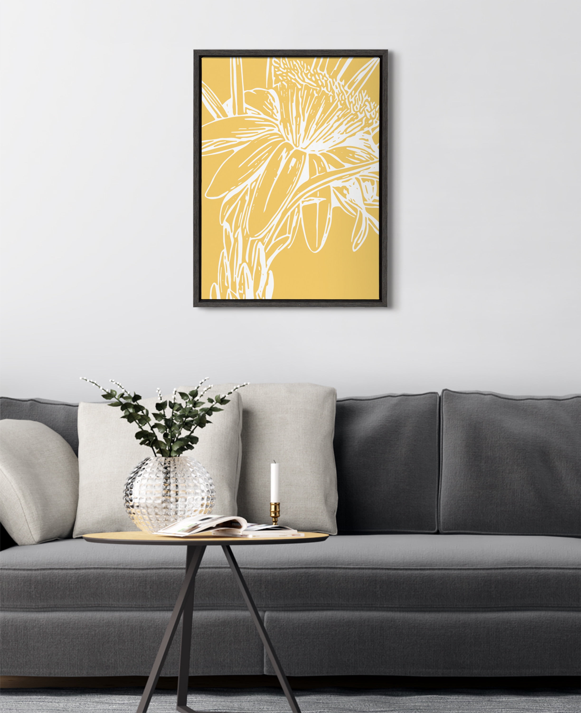 Kate and Laurel Sylvie Flower in Yellow Framed Canvas Wall Art by Apricot and Birch, 18x24 Gray, Floral Art for Wall