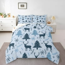 Manfei Christmas Reindeer Print Queen Comforter Set, Stars Xmas Tree Bedding Sets, Winter Snowflake Reversible Bedding Comforter Set, Luxury Bedroom Decor, 3 Pieces