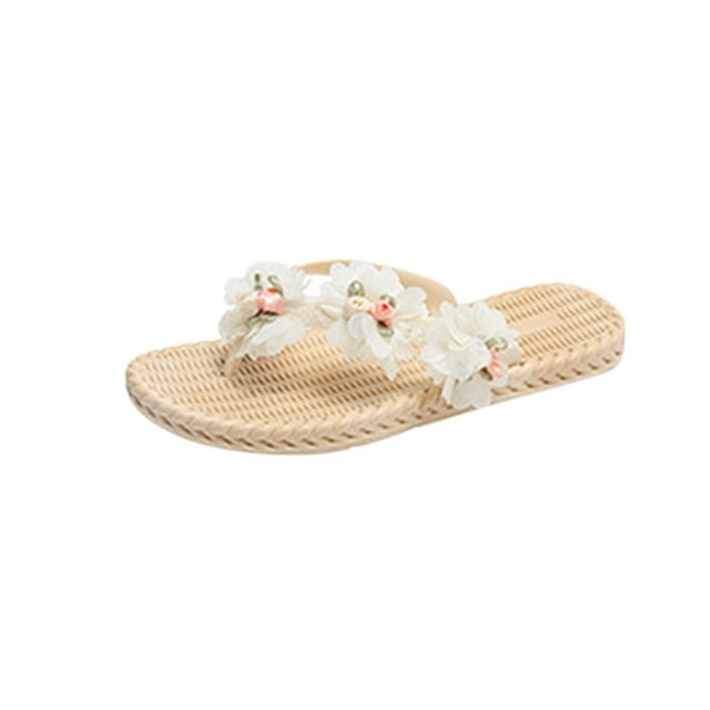 Sandales de Plage pour Femmes Semelle Tissée Décor Floral Décontracté Plage Été Sandales PVC Beige