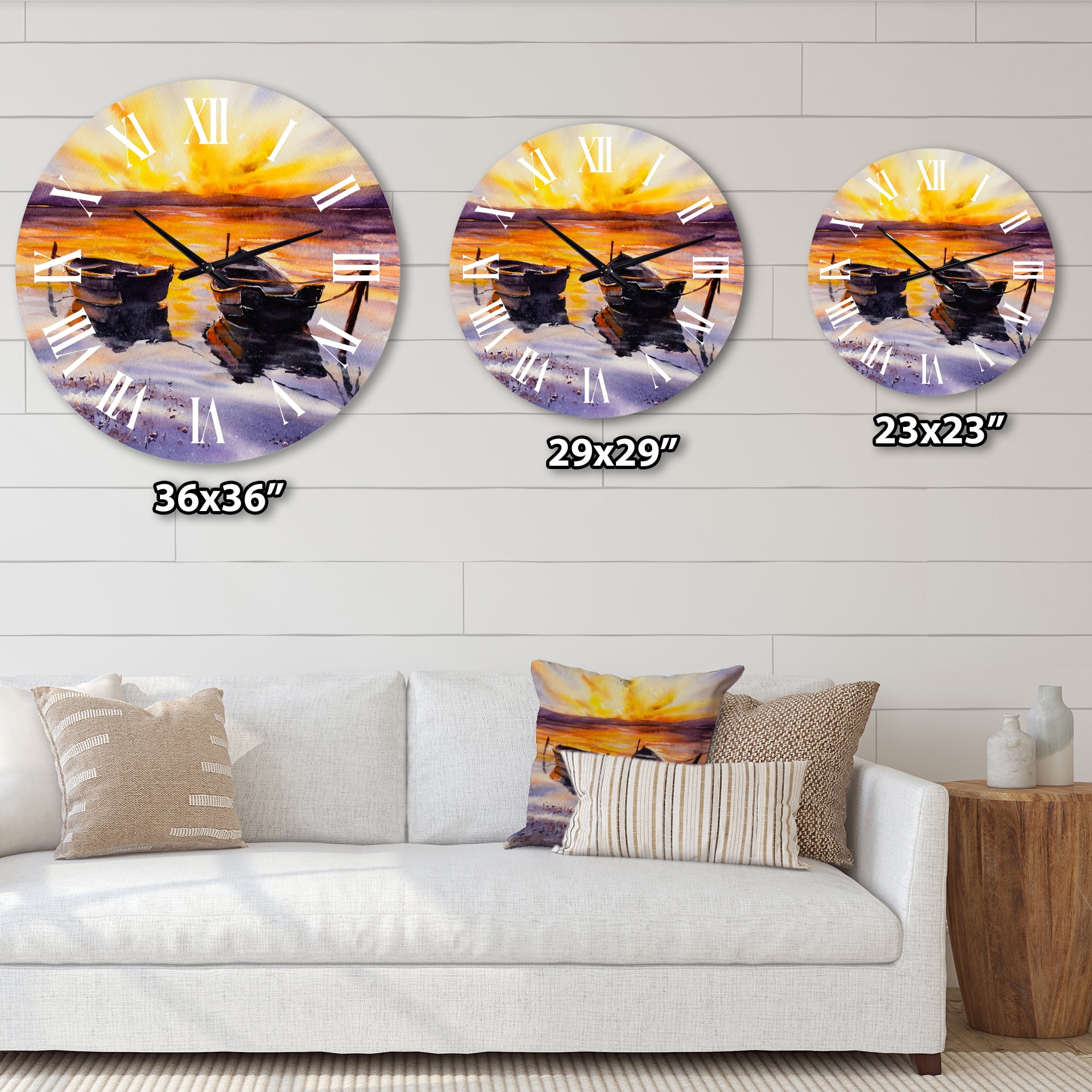 Designart 'Sunset And Two Small Boats Parking On The Shore' Lake House Wall Clock