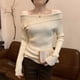 thumbnail image 1 of Suéteres asimétricos para mujer, cuello cuadrado, lisos, otoño, prendas de punto, estilo coreano, temperamento holgado, ropa de calle sencilla y elegante para uso diario., 1 of 6