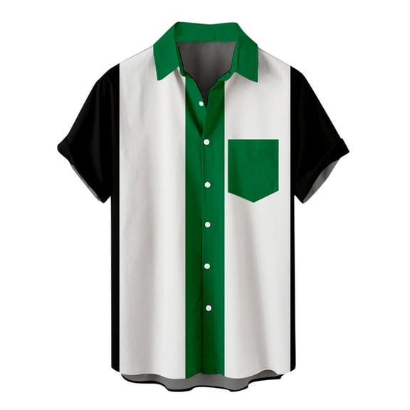 XMMSWDLA Men's Colorblock Button Down Short Sleeve Pocket Front Shirt Tops Green Mens Graphic T-Shirts