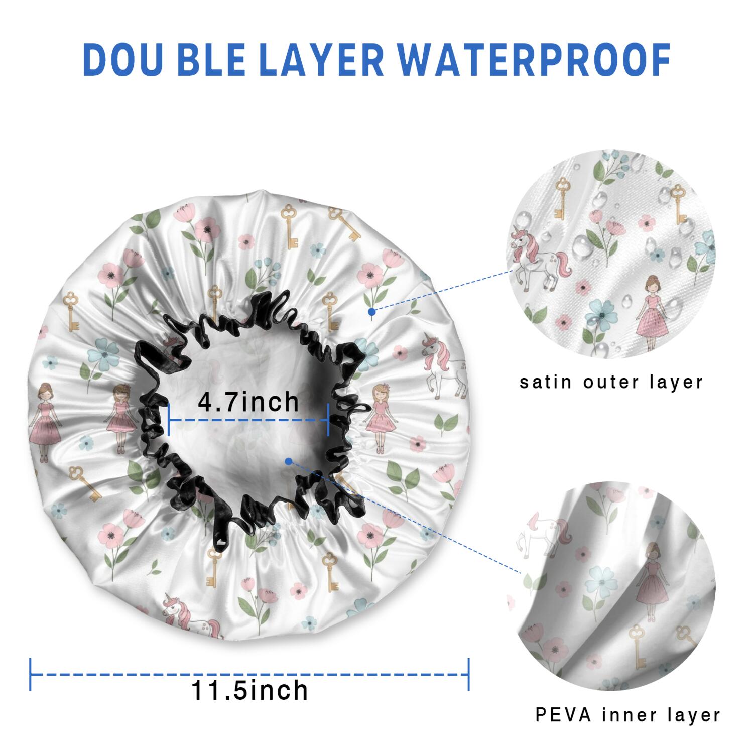 Shower Caps,Princess Unicorn Flower Pattern Waterproof Shower Cap for Women 4 Pieces,Double Reusable Hair Cover for Shower PEVA Elastic Stretch Hem
