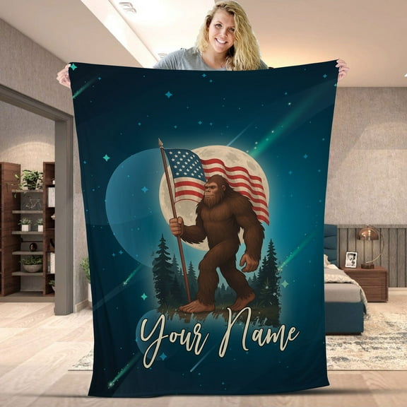 Personalized Bigfoot American Flag Blanket – Custom Name Sasquatch Throw, Patriotic Forest Moon Design, Cozy Fleece & Sherpa Blanket Gift for Men & Women