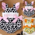 thumbnail image 2 of enyan Baby Girl Romper Farm Cow Onesie Outfit Ruffle Smocked Bow Bodysuit Western Country Infant Newborn Summer Clothes(Pink & Orange,3-6 Months), 2 of 6