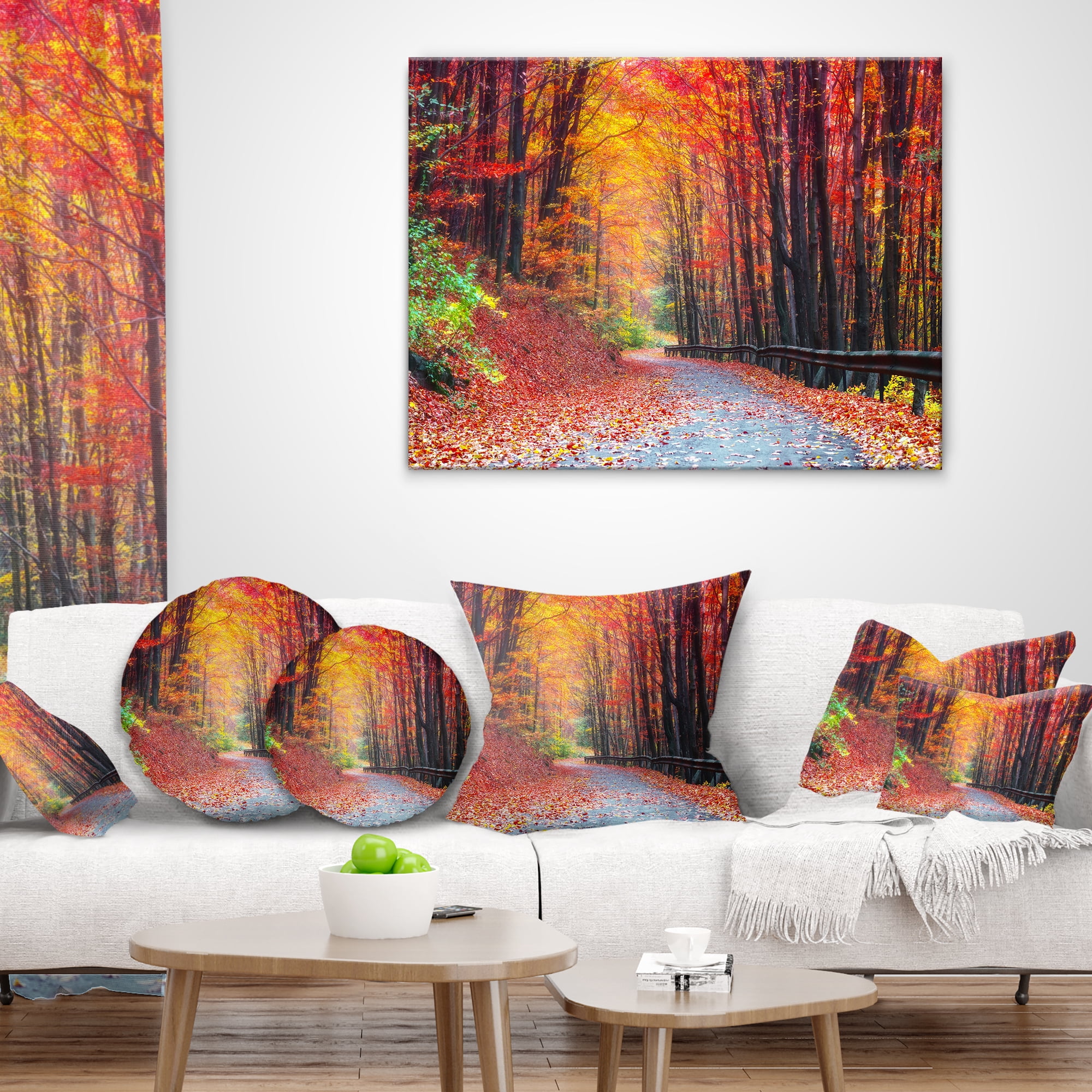 Designart Road in Beautiful Autumn Forest - Modern Forest Throw Pillow - 12x20