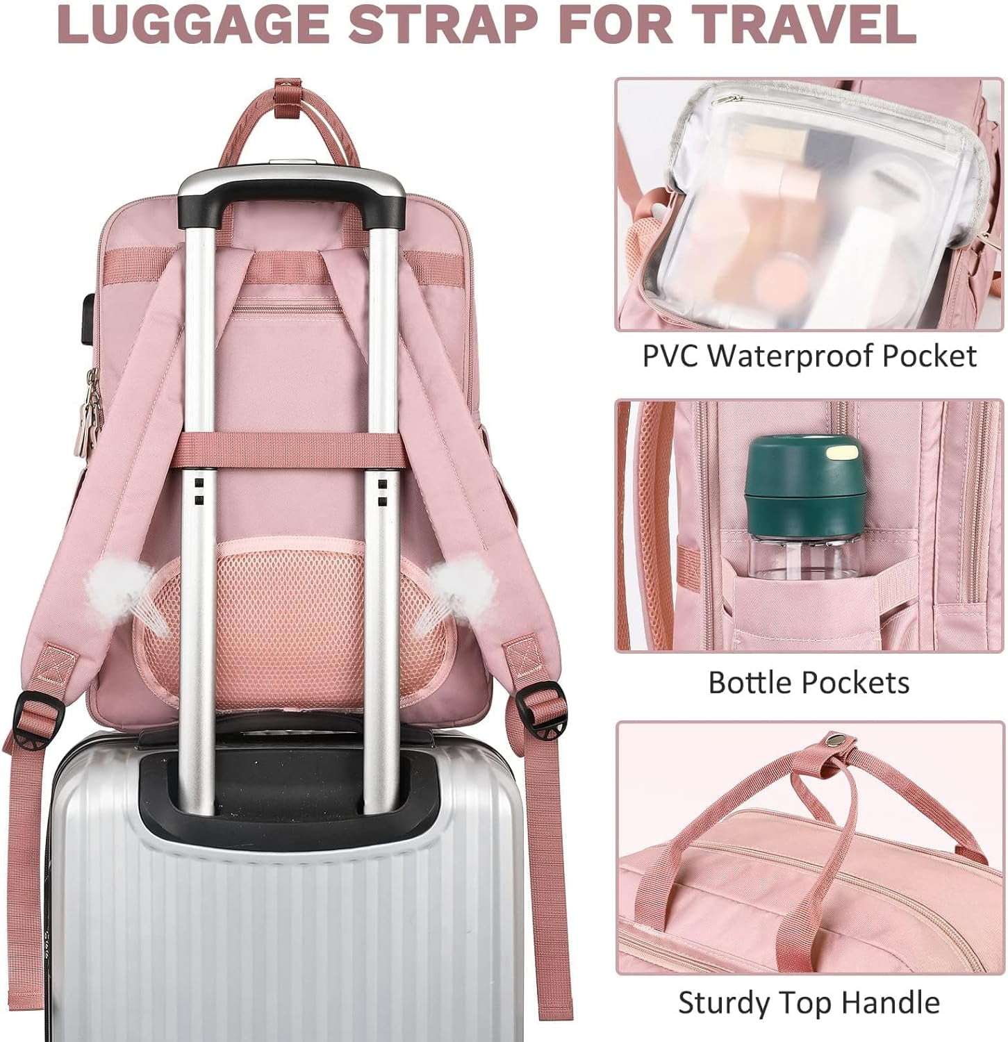 Mancro Work Backpack for Women, Airline Approved Travel Backpack with Luggage Strap Fits for 15.6in Laptop, Pink