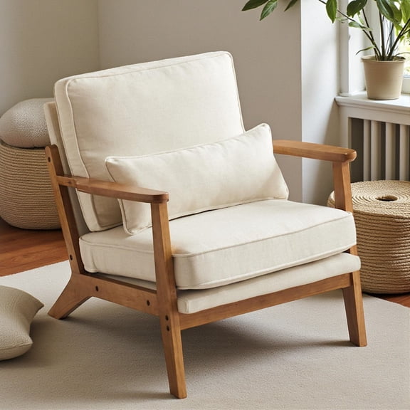 Tcbosik Modern Lounge Chair with Solid Wood Legs - Comfortable Mid-Century Accent Armchair, Soft Linen Upholstery, Perfect for Living Room Reading Nook, Off-White