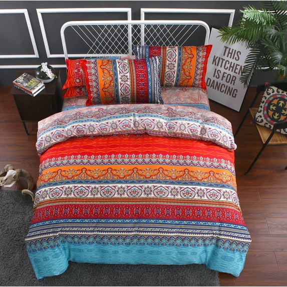 Bohemian Duvet Cover Set, Vibrant Chic Floral Striped Comforter Cover Reversible Soft Microfiber Bedding Duvet Covers with Zipper