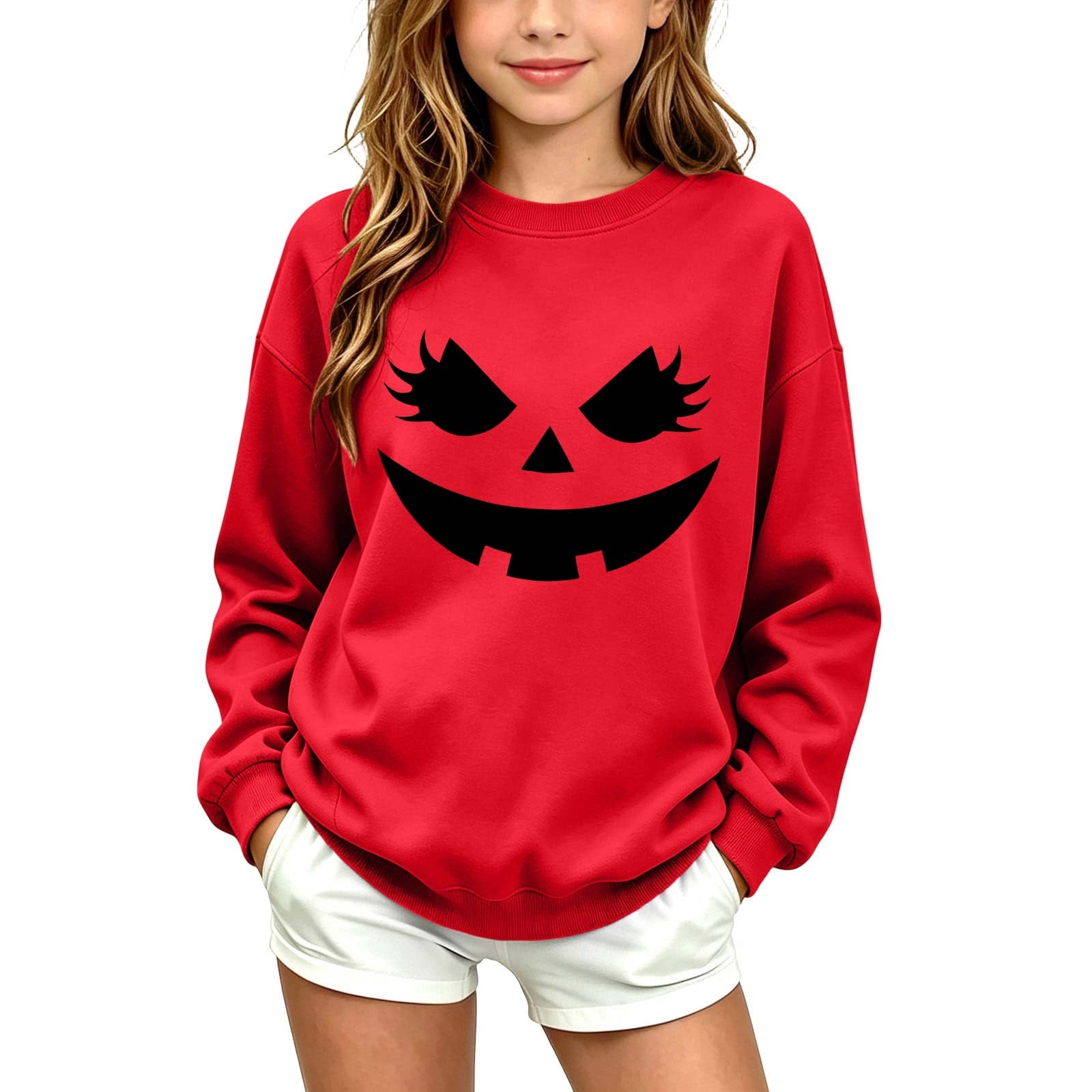 LUGOGNE Kids Halloween Sweatshirt Boys Girls Long Sleeve Crewneck Pullover Sweatshirts Funny Eyelash Pumpkin Face Print Fall Casual Halloween Party Outfits Red 7-8 Years