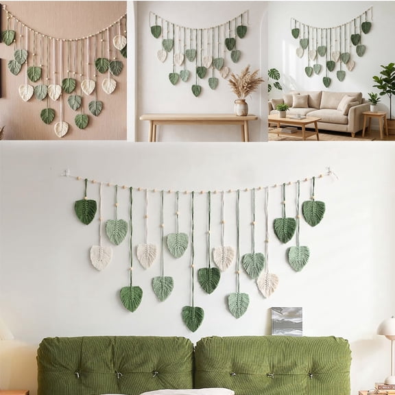 Macrame Wall Hanging,Leaves Woven Tapestry, Feather Handmade Tassels Boho Wall Decor,Leaves Art Decorations for Nursery Bedroom Living Room Apartment Home Backdrop