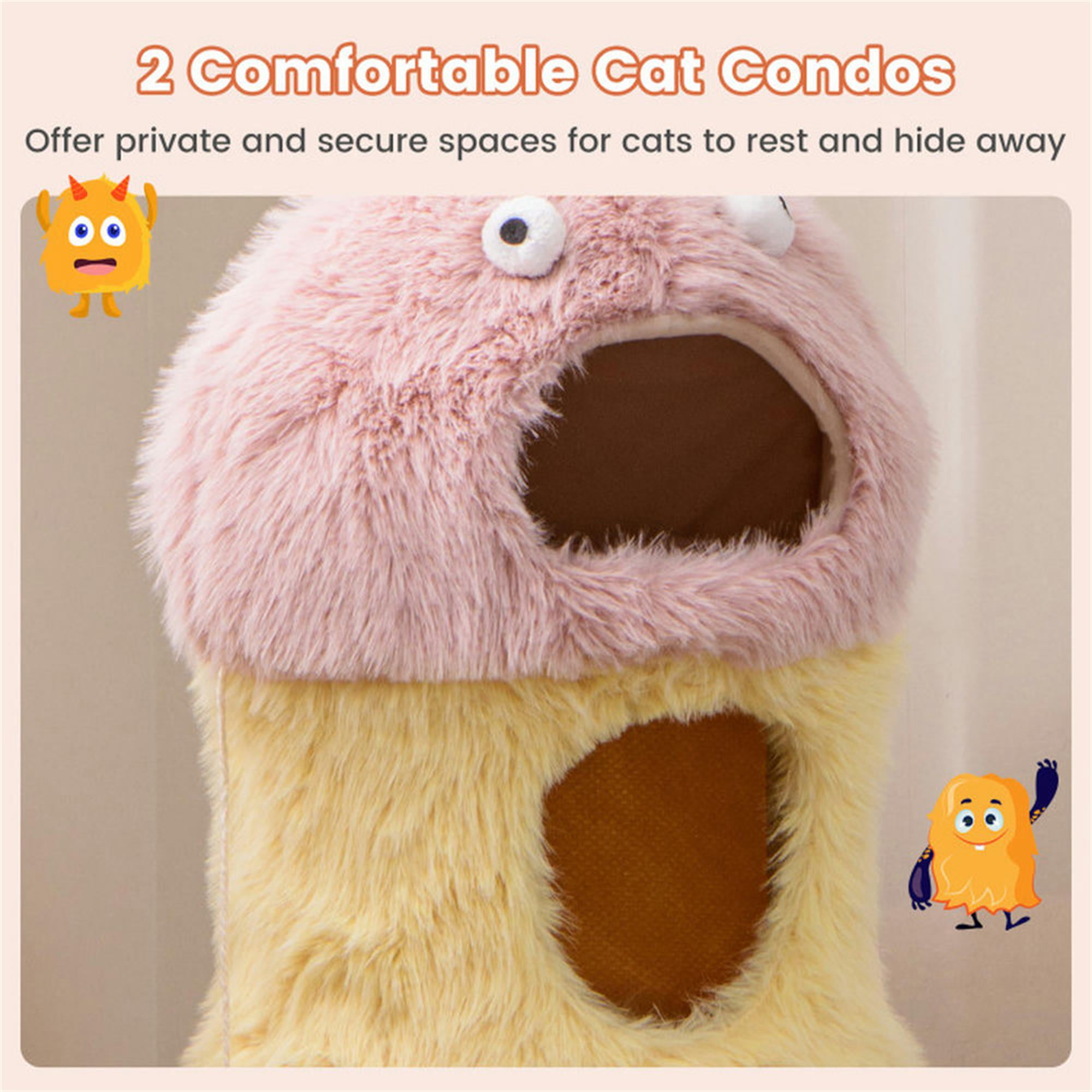 Kadyn 37" Monster-Themed Cat Tree Tower with 2 Condo, Kitten Plush Habitat with Scratch Posts Toy Cat Tree House, Yellow