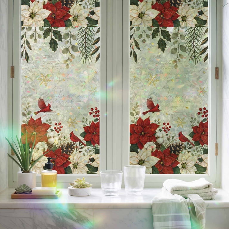 Christmas Poinsettia Pinecone Cardinal Window Privacy Film,Heat Control ...