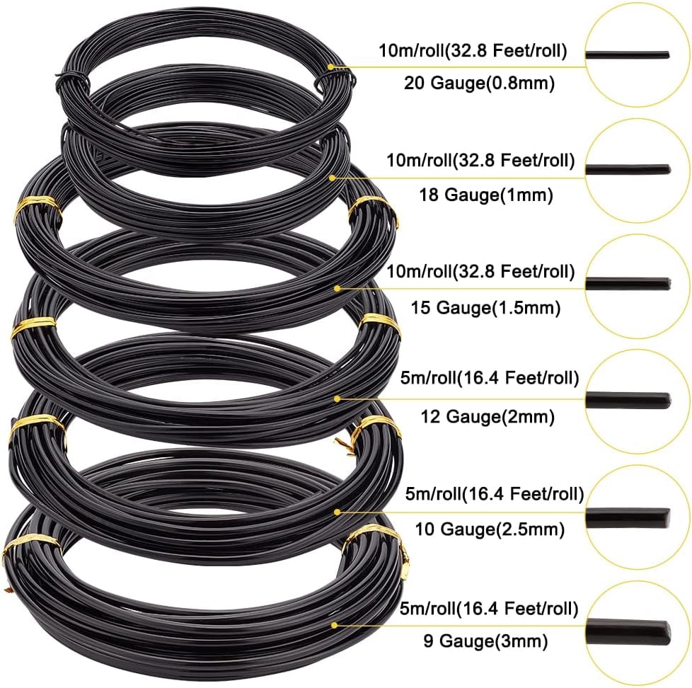 Black Aluminum Craft Wire Mixed Size 20/18/15/12/10/9 Gauge 147.6 Ft Round Bendable Anodized For Jewelry Making Armature Making Black