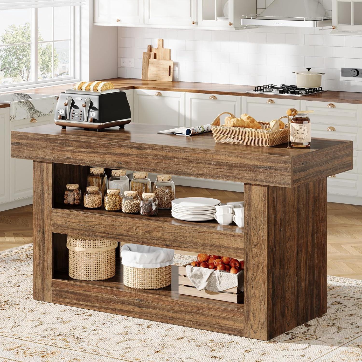 Finmind 55-Inch Kitchen Island with Large Countertop, Wooden Coffee Bar Table for Kitchen, Dining Room, Living Room, Brown