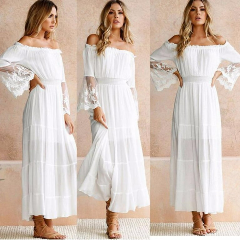 White boho off hot sale the shoulder maxi dress
