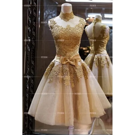 Robe De Soiree 2023 golden Short Lace Evening Dresses gowns Banquet Vintga High Neck vestido de festa Prom Dresses party dress