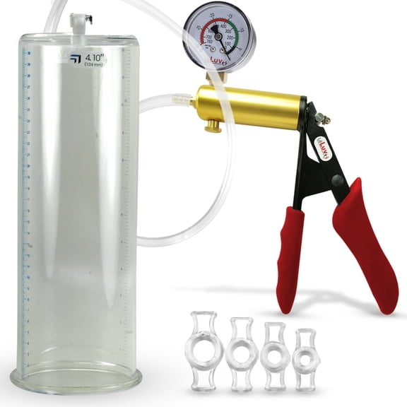 LeLuv Ultima Penis Pump, Brass w/ Red Handle, Silicone Grip, Clear Hose Gauge | 4 Cock Rings | 12" x 4.10" Cylinder