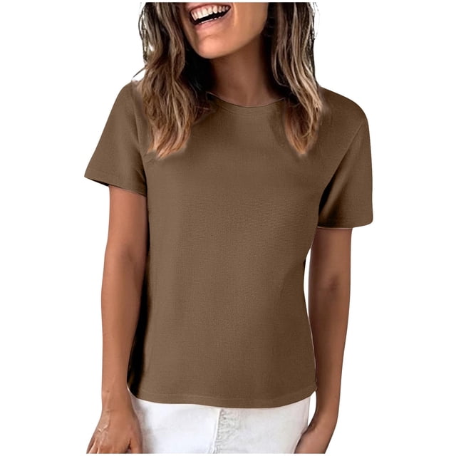 JIUKE T-Shirts pour Femmes Décontracté Été Col Rond Chandail Manches Courtes Ample Couleur Unie Confortables