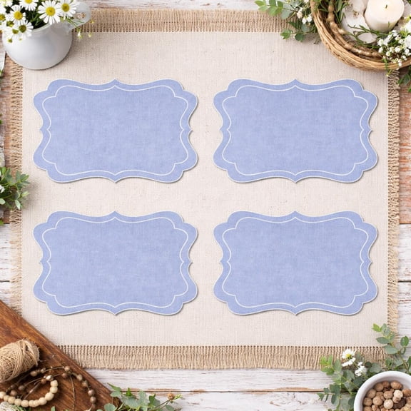 Fennco Styles Blue-Grey Scalloped Placemats Set of 4, 11" x 17" - Elegant Curved Border Dining Table Mats for Kitchen, Dining Table, Weddings & Parties Décor