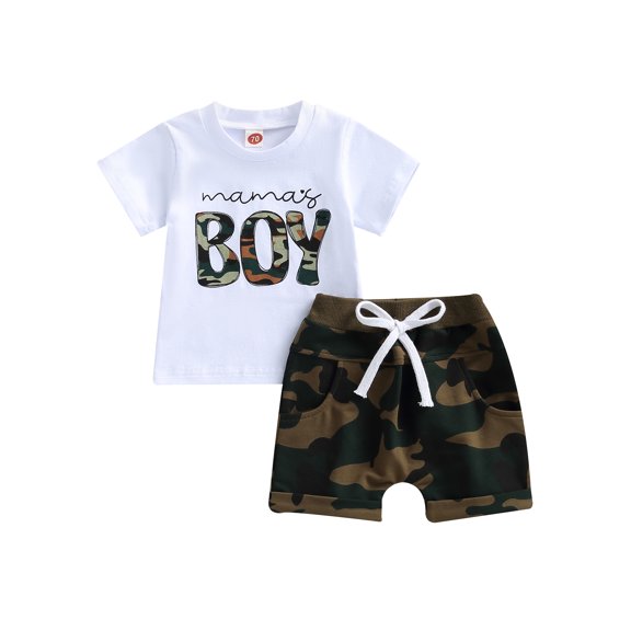 LMLYSoH Baby Boys Shorts Set, Short Sleeve Letters Print T-shirt with Camouflage Shorts Summer Outfit