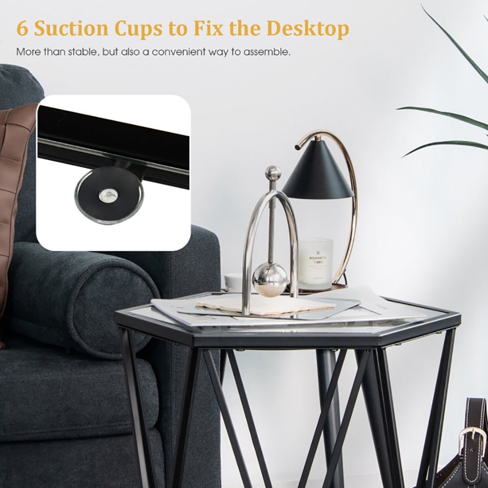 Finihen End Table, Hexagonal Accent End Table with Tempered Glass Top and Metal Frame, Bed Side Table, for Living Room, Bedroom, Black Finihen End Table, Hexagonal Accent End Table with Tempered Glass Top and Metal Frame, Bed Side Table, for Living Room, Bedroom, Black