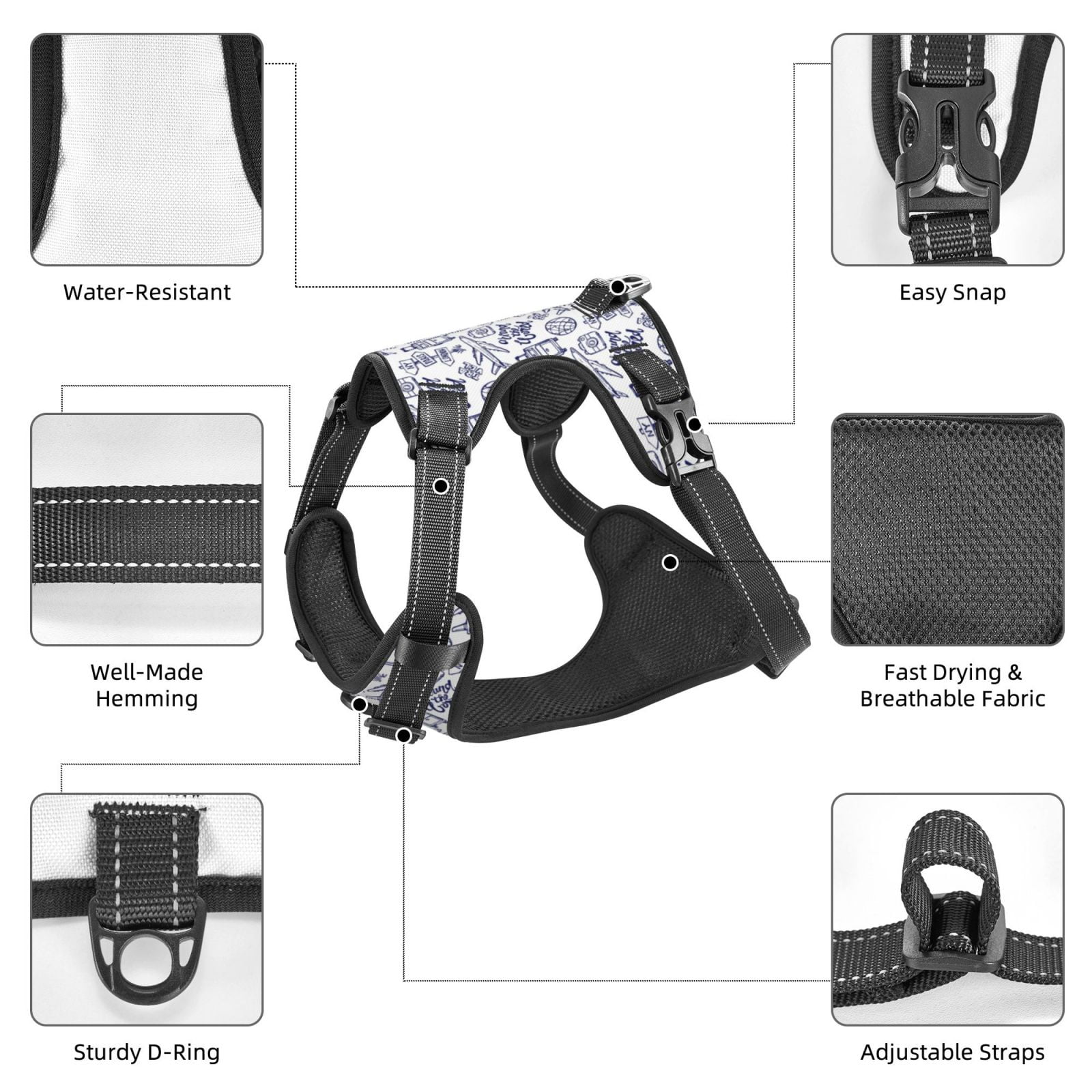 Kdxio World Travel2 Print No Pull Dog Harness Adjustable Reflective Oxford Easy Control Medium Large Dog Harness for Training and Everyday-X-Large