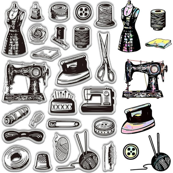 Vintage Sewing Tool Rubber Clear Stamp Retro Transparent Silicone Stamps 6.3x4.3inch Seals Sheets Background Print Signet DIY Crafts Postage PVC Scrapbooking Making Cards Photo Album Multi-color
