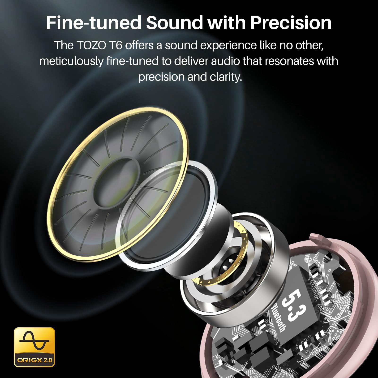 TOZO T6 Earbuds Wireless Bluetooth Ear Buds, 50H, AI Chat/Translation/Clear Mics, Stereo Bass, Wireless Charging, App-32EQ, IPX8 Waterproof Headphones, Rose Gold thumbnail 4