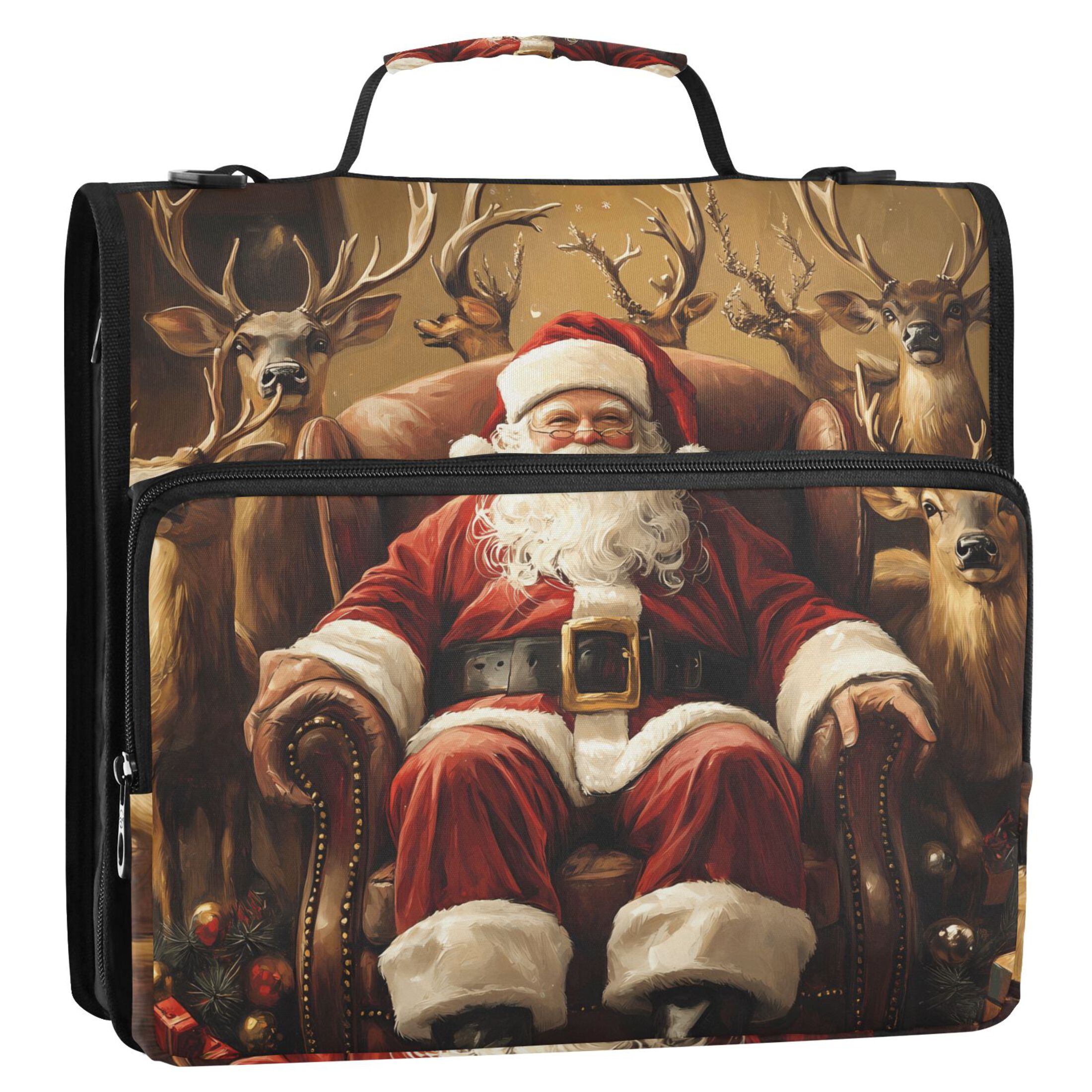 3 Ring Zipper Binder with Shoulder Strap Waterproof Trapper Keeper 2 Inch D-Ring 500 Sheets Capacity Christmas Santa Claus and Deers