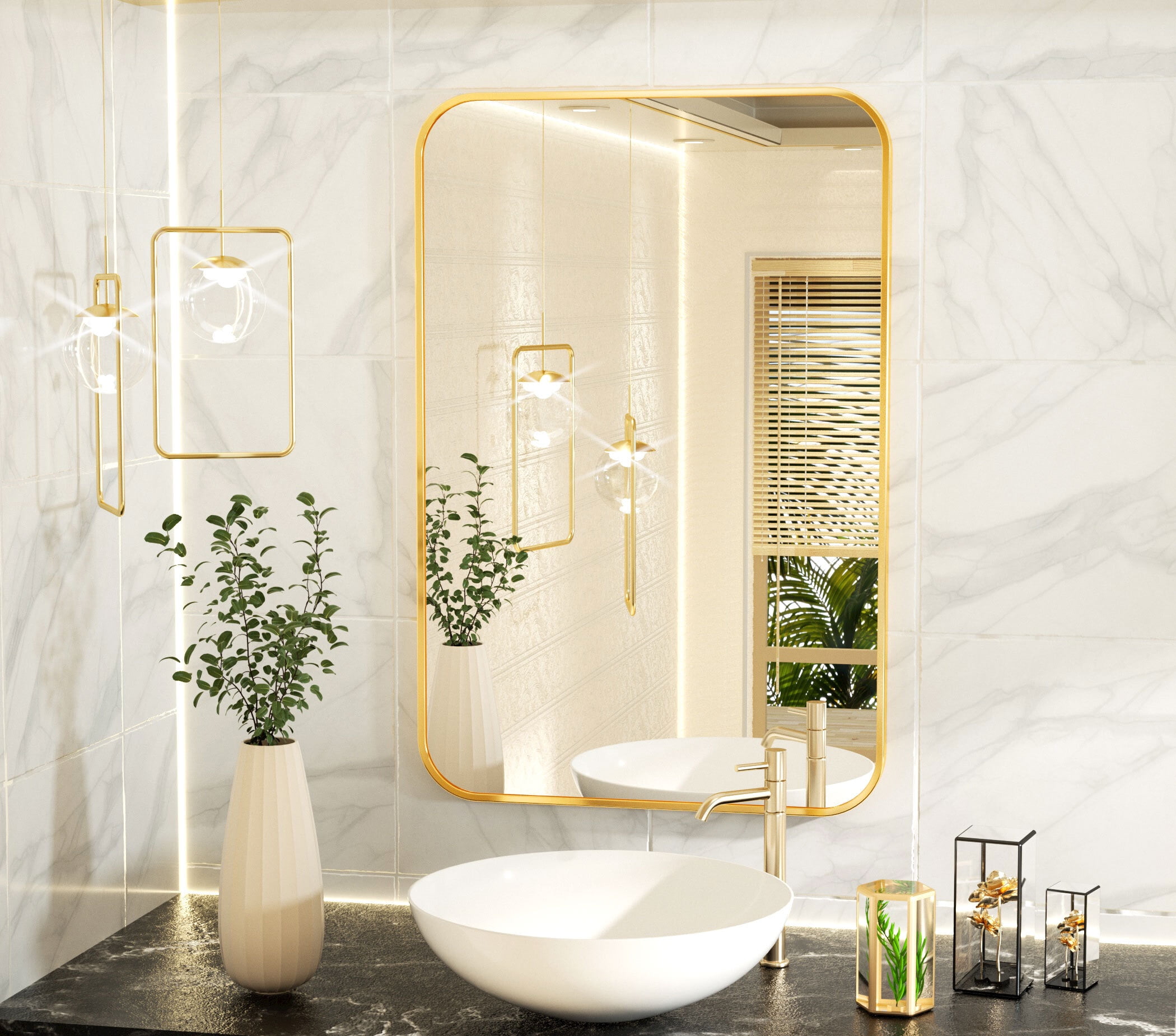 BEAUTYPEAK Wall Mirror Rounded Corners Hanging Vanity Mirror 24"x32