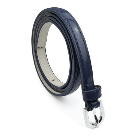 Womens Leather Belt with Polished Silver Belt Buckle - Glossy Solid Color Pu Leather Belts by Belle Donne - Navy