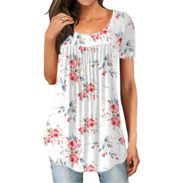Guardurnaity Blusa de manga corta con cuello y estampado plisado para mujer Prendas para la parte del cuerpo patrón 3 XL