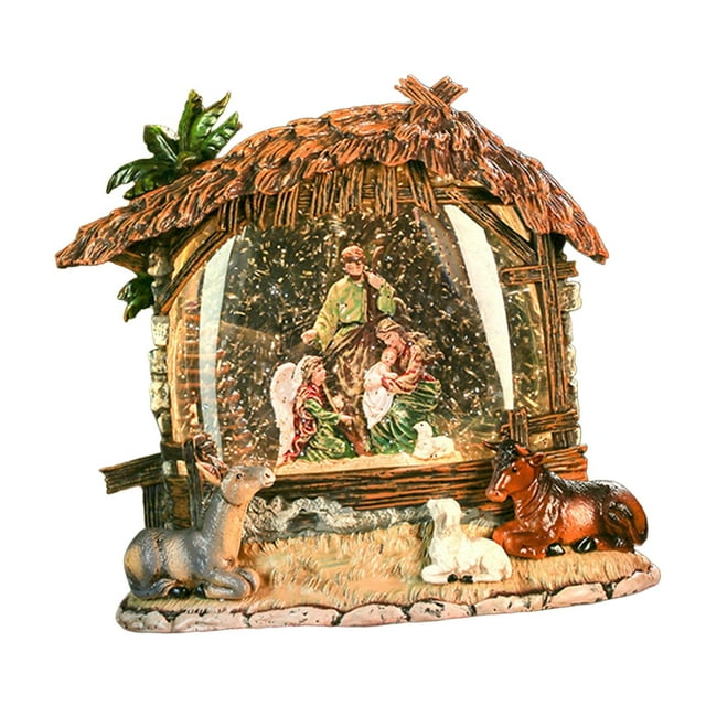DOLITY Christmas Nativity Snow Globe Lighted Musical Box for Festival Bedroom Party coconut trees