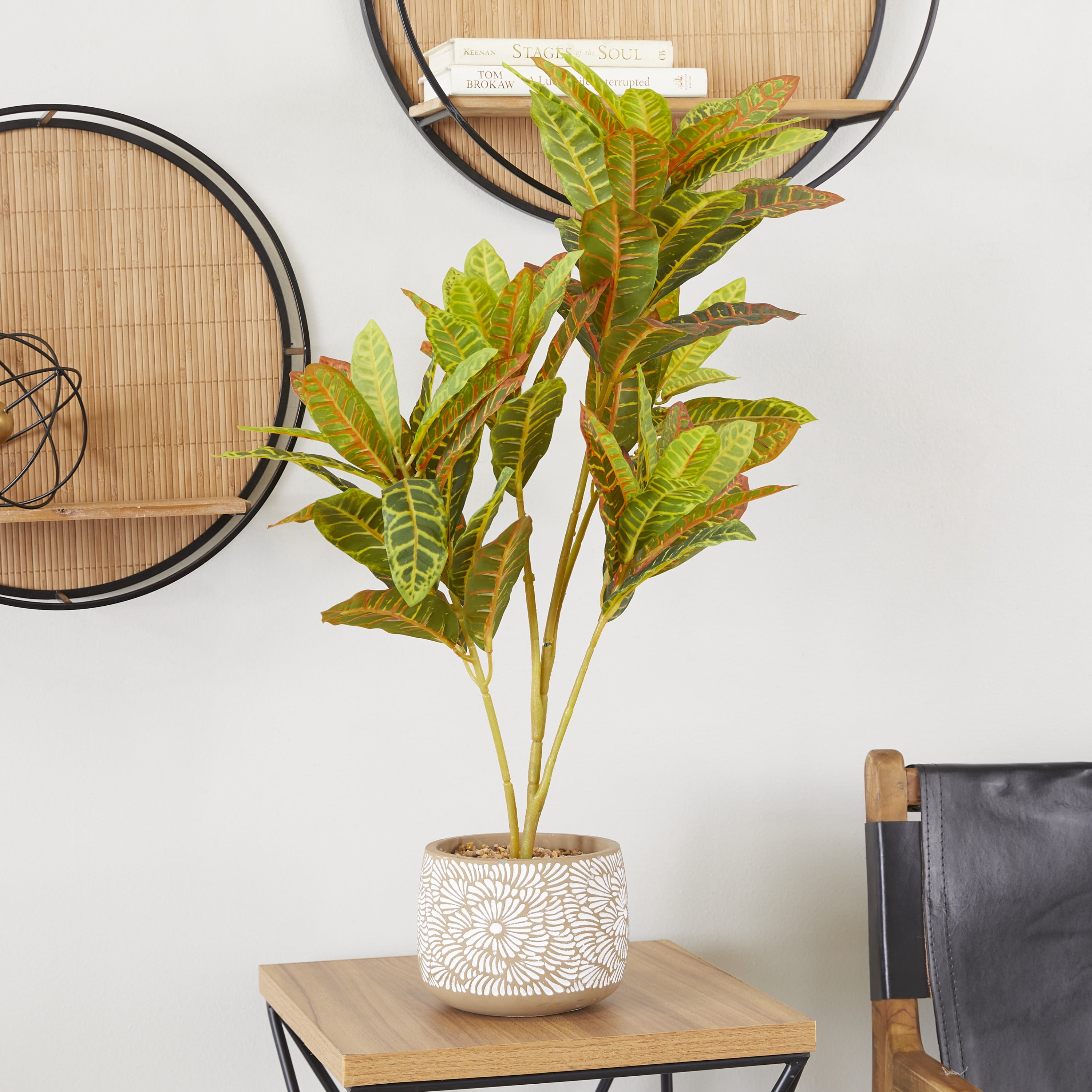 DecMode 30" Artificial Crotons Plant in Realistic Leaves and Floral Patterned Pot