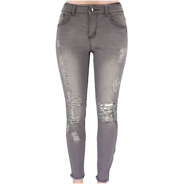 Women's Mid Waisted Stretch Ripped Skinny Jeans Distressed Destroyed Fashion Denim Pants Trousers for Women